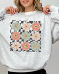 Retro Flowers Checkered Daisies Hippie Cute Positivity Vintage Floral Motif Across Checkerboard Panels Sweatshirt