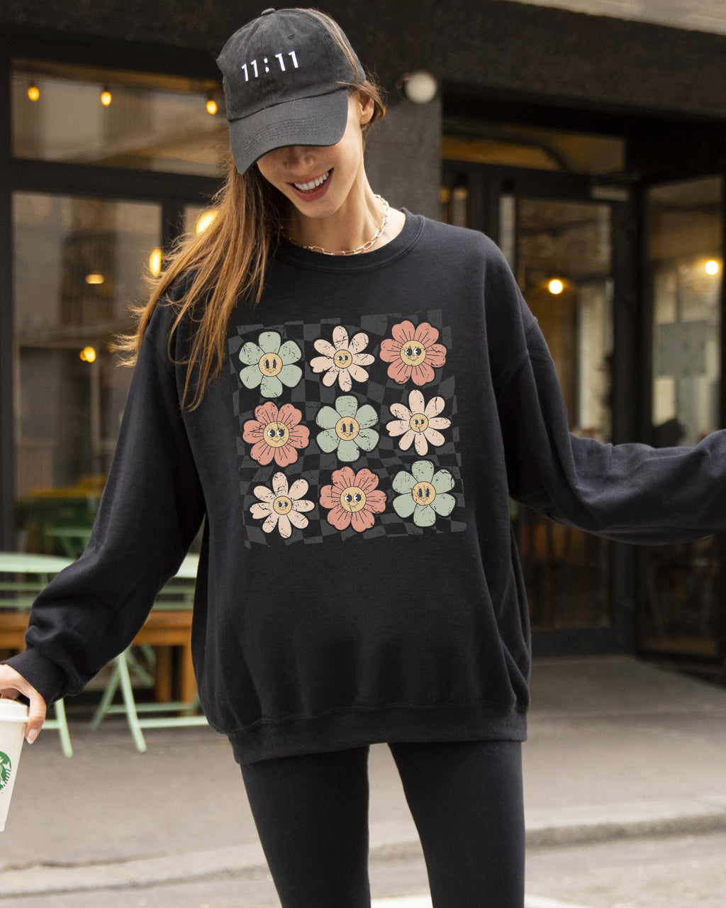 Retro Flowers Checkered Daisies Hippie Cute Positivity Vintage Floral Motif Across Checkerboard Panels Sweatshirt