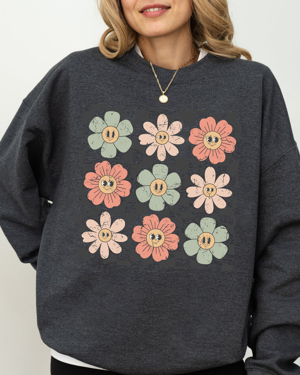 Retro Flowers Checkered Daisies Hippie Cute Positivity Vintage Floral Motif Across Checkerboard Panels Sweatshirt