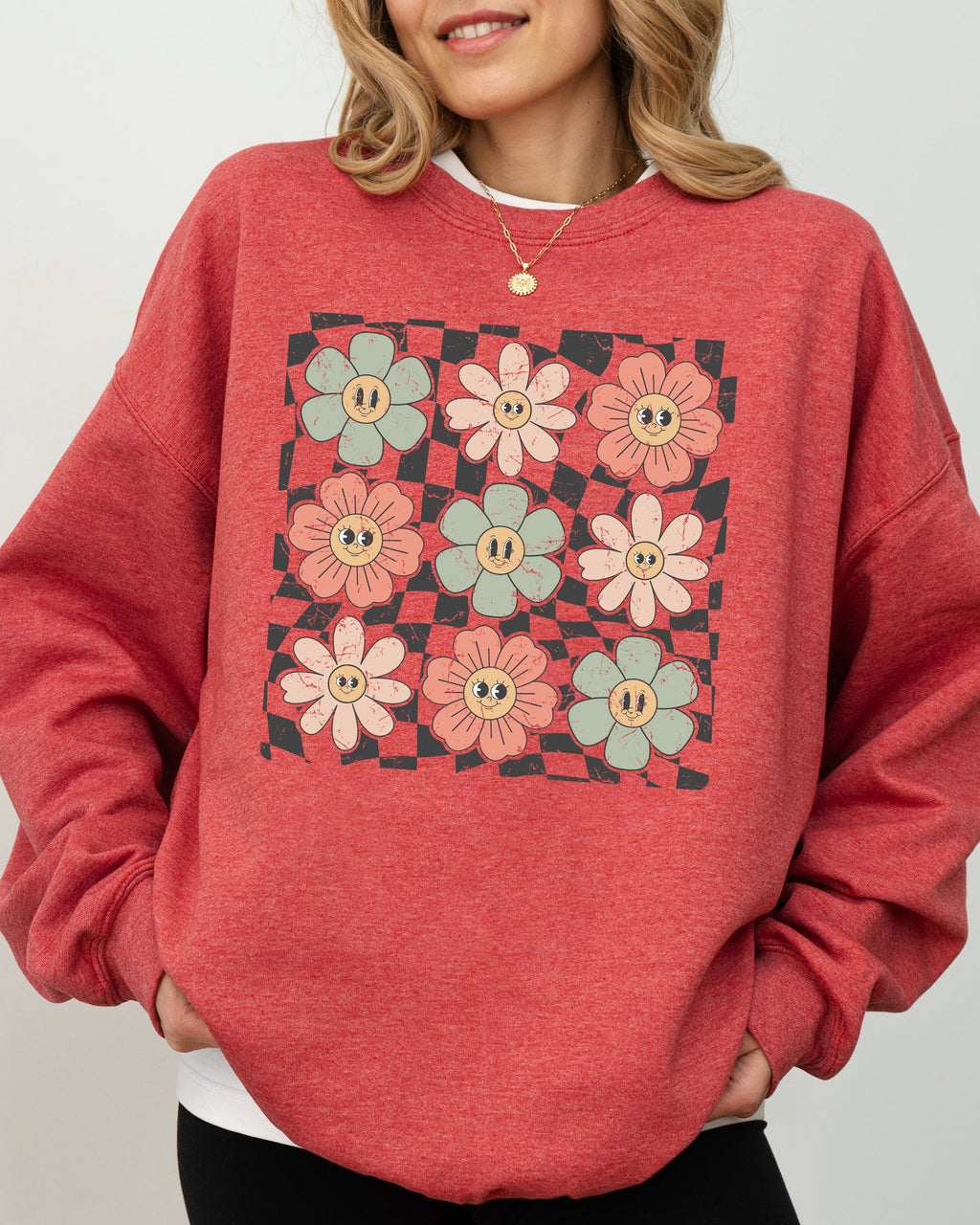 Retro Flowers Checkered Daisies Hippie Cute Positivity Vintage Floral Motif Across Checkerboard Panels Sweatshirt