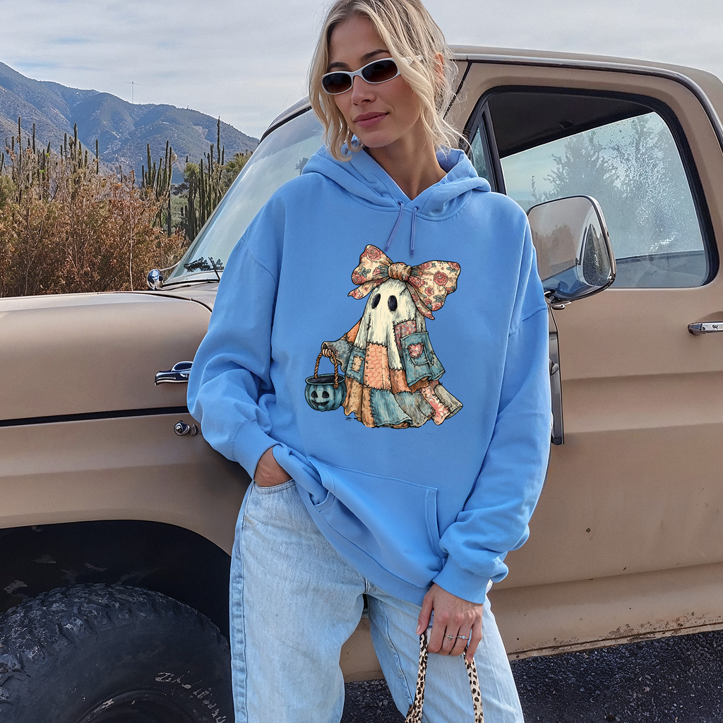 Retro Halloween Faux Denim Ghost Patchwork Spooky Ghost Coquette Hooded Sweatshirt