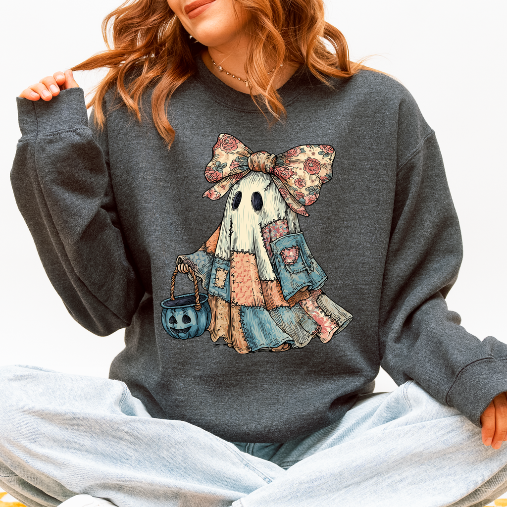 Retro Halloween Faux Denim Ghost Patchwork Spooky Ghost Coquette Boo Pumpkin Spooky Season Sweatshirt