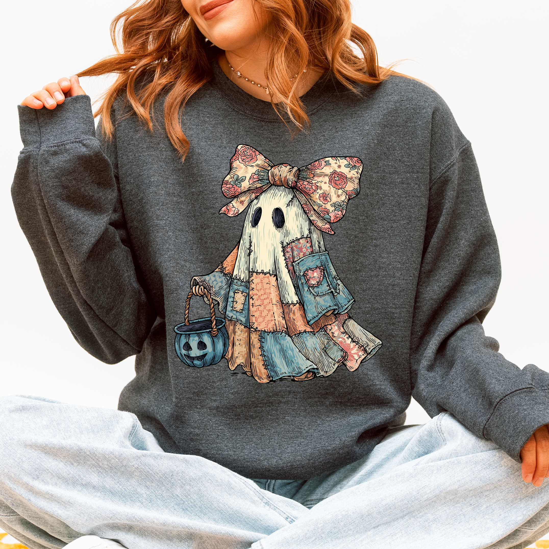 Retro Halloween Faux Denim Ghost Patchwork Spooky Ghost Coquette Boo Pumpkin Spooky Season Sweatshirt