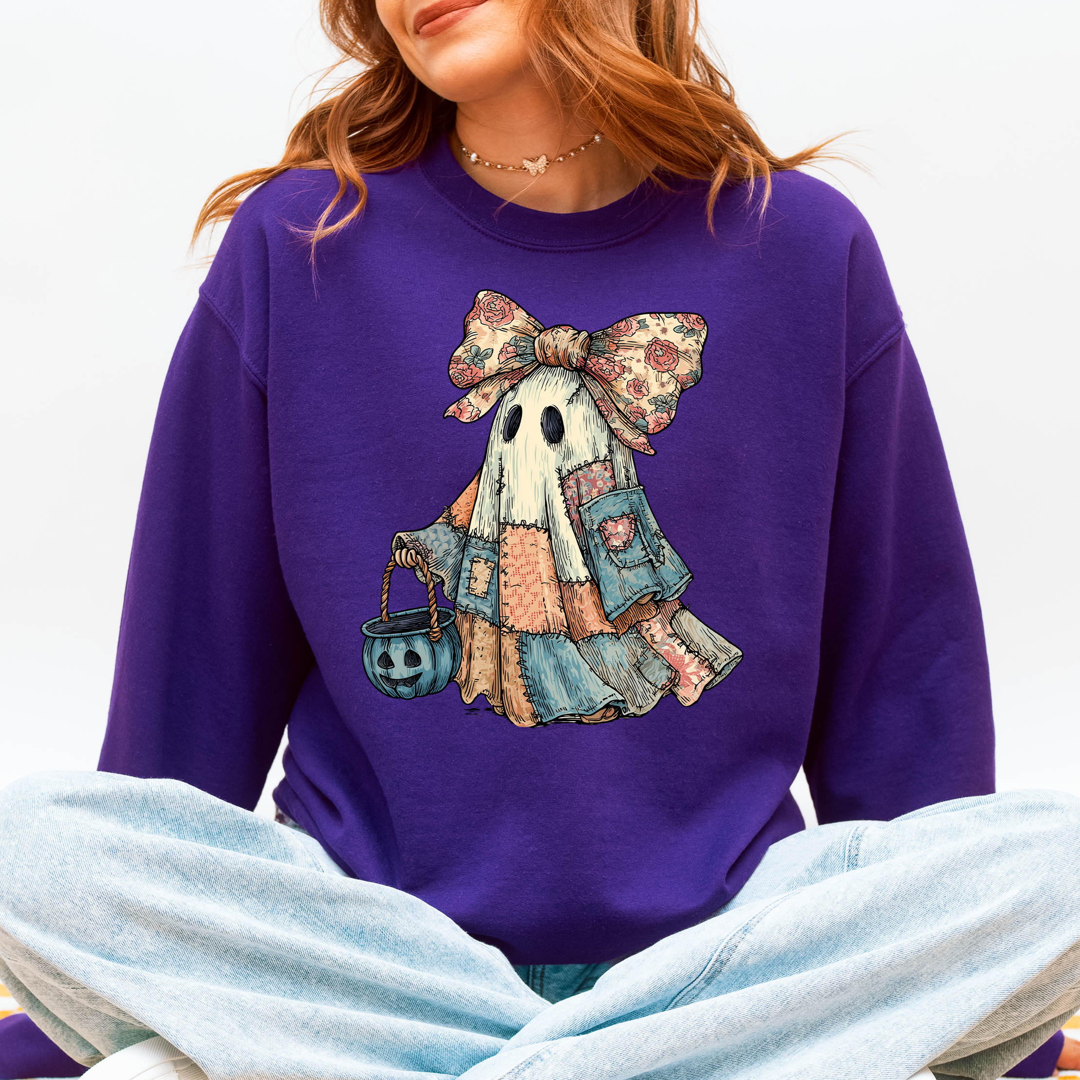 Retro Halloween Faux Denim Ghost Patchwork Spooky Ghost Coquette Boo Pumpkin Spooky Season Sweatshirt