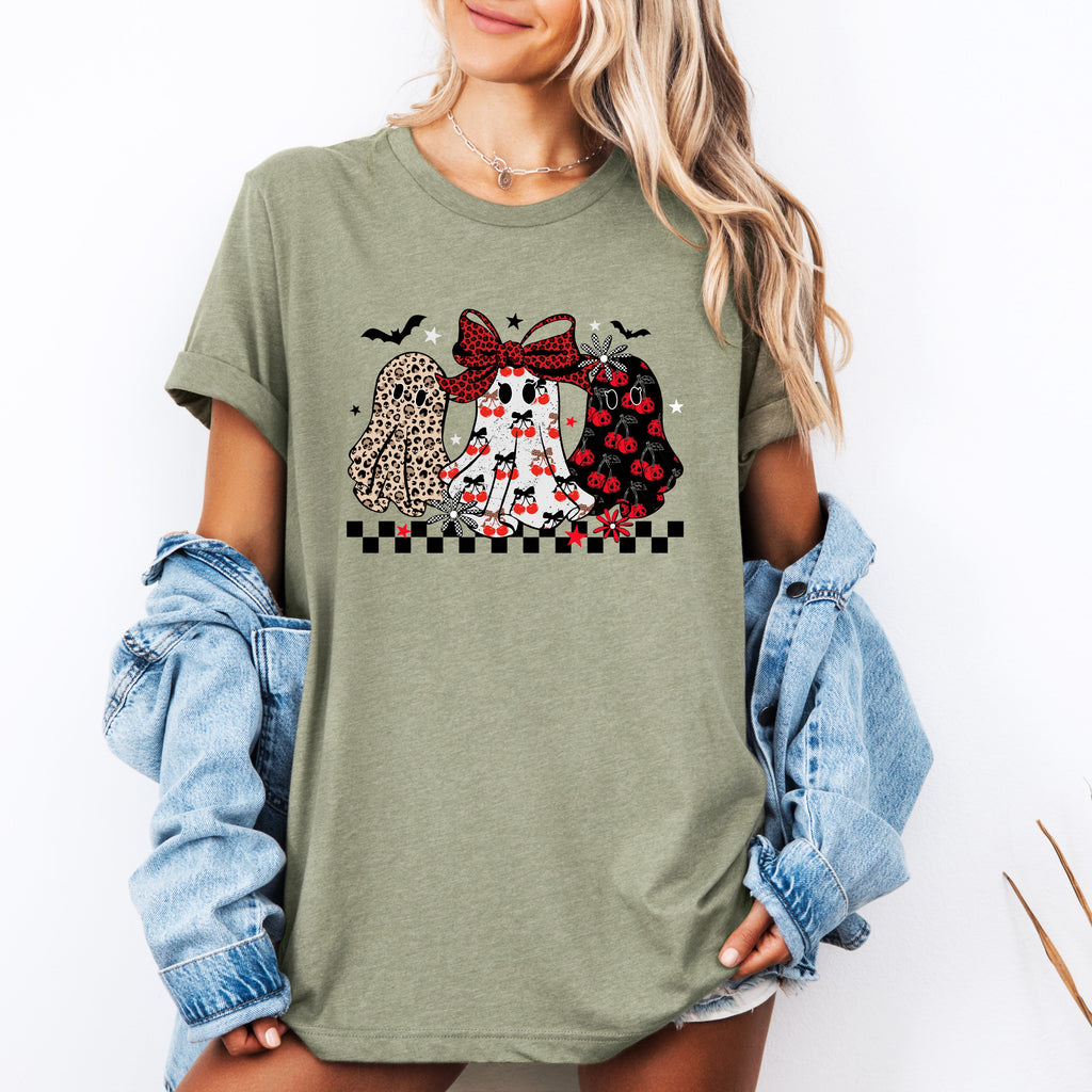 Retro Halloween Ghosts Checkered Pattern Vintage Playful Ghost Motif Graphic Tee