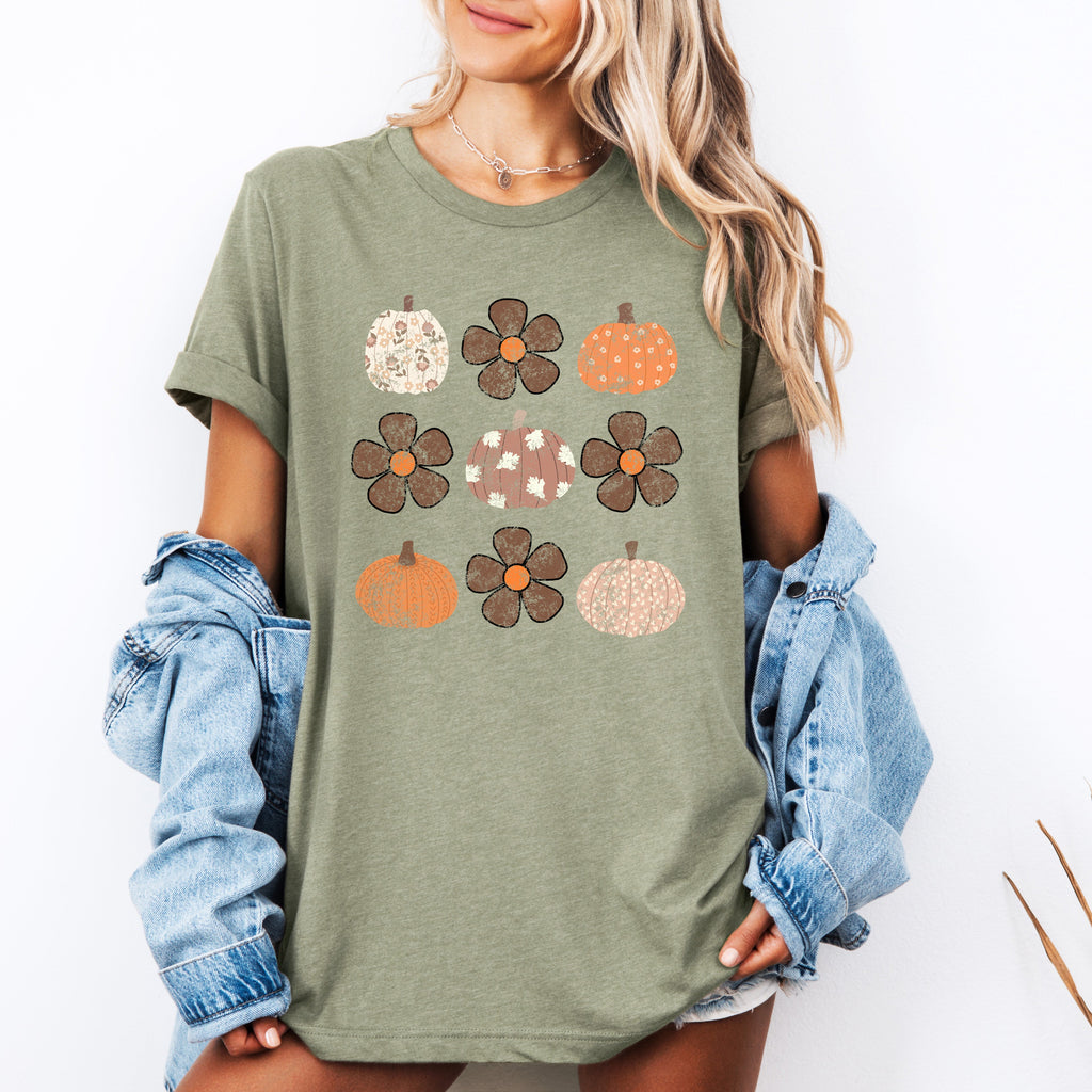 Retro Halloween Flowers Pumpkins Patterned Autumn Leaves Vintage Style Graphic Tee