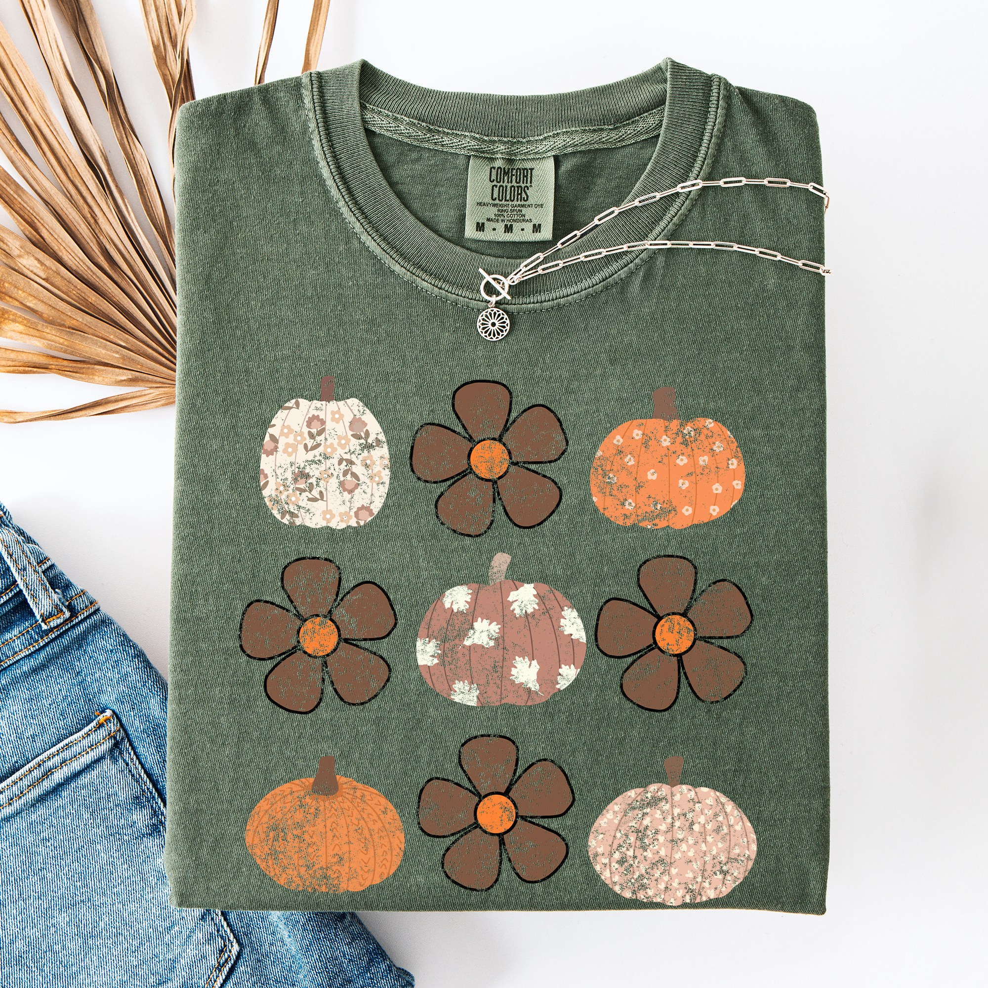 Retro Halloween Watercolor Floral Pumpkin Pattern Autumn Fall Comfort Colors Tee