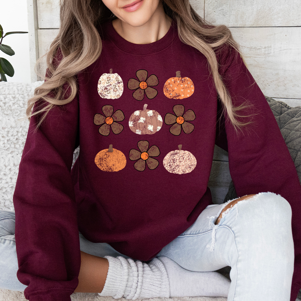 Retro Halloween Floral Pumpkin Pattern Sweatshirt For Cozy Autumn Layering Wardrobe Essential