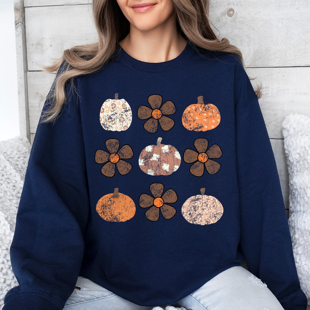 Retro Halloween Floral Pumpkin Pattern Sweatshirt For Cozy Autumn Layering Wardrobe Essential
