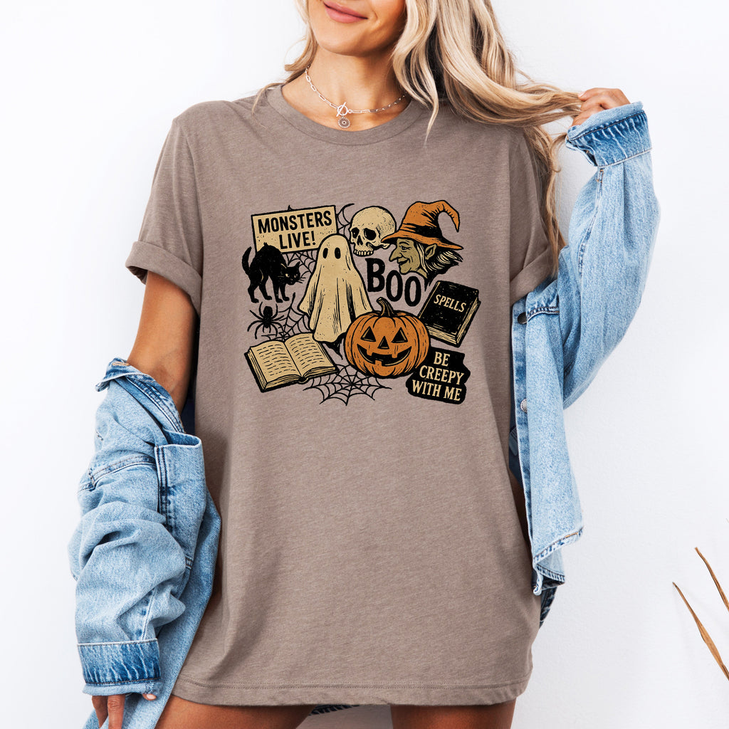 Retro Halloween Monsters Witch Creepy Checkered Pattern Ghosts Bats Bold Graphic Tee