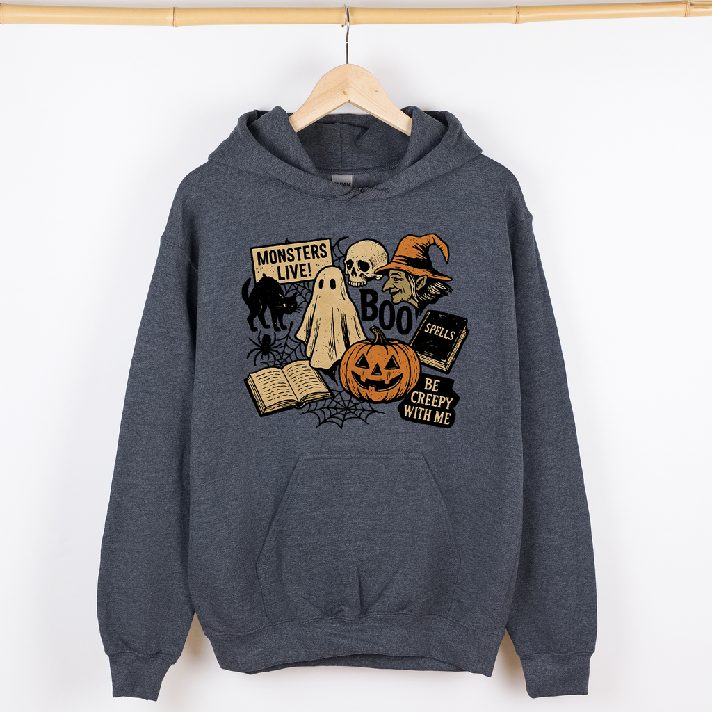 Retro Halloween Monsters Witch Creepy Reading Ghost Vintage Illustration Graphic Hoodie
