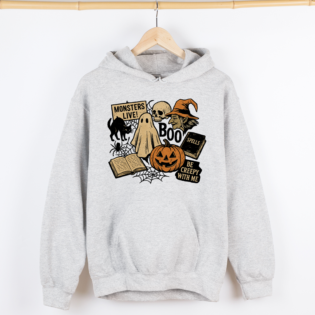 Retro Halloween Monsters Witch Creepy Reading Ghost Vintage Illustration Graphic Hoodie