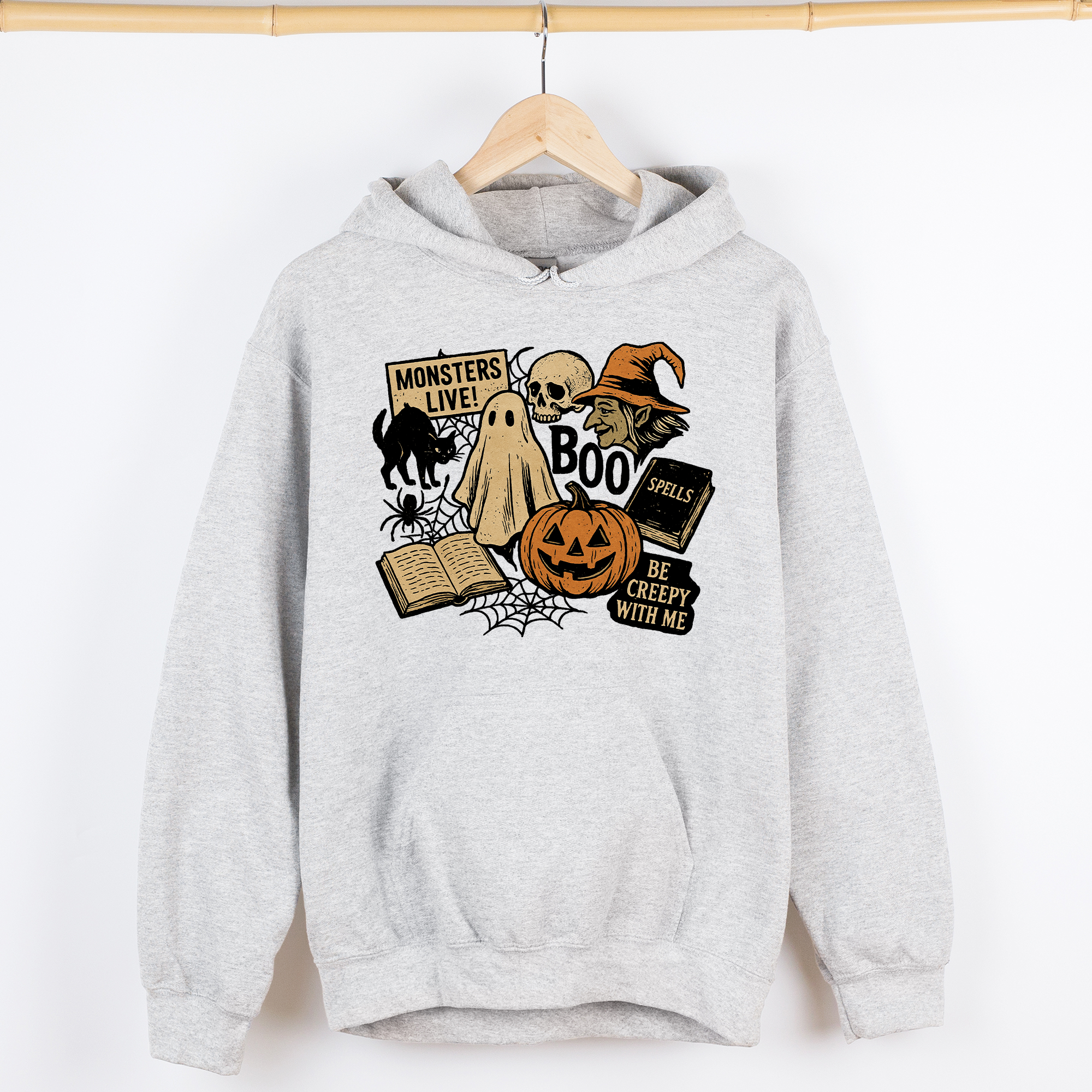 Retro Halloween Monsters Witch Creepy Reading Ghost Vintage Illustration Graphic Hoodie