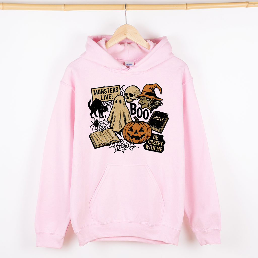 Retro Halloween Monsters Witch Creepy Reading Ghost Vintage Illustration Graphic Hoodie