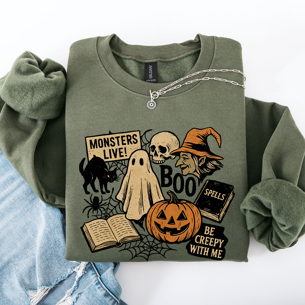 Retro Halloween Monsters Witch Creepy Vintage Nightfall Edition Classic Spooky Motifs And Nostalgic Sweatshirt