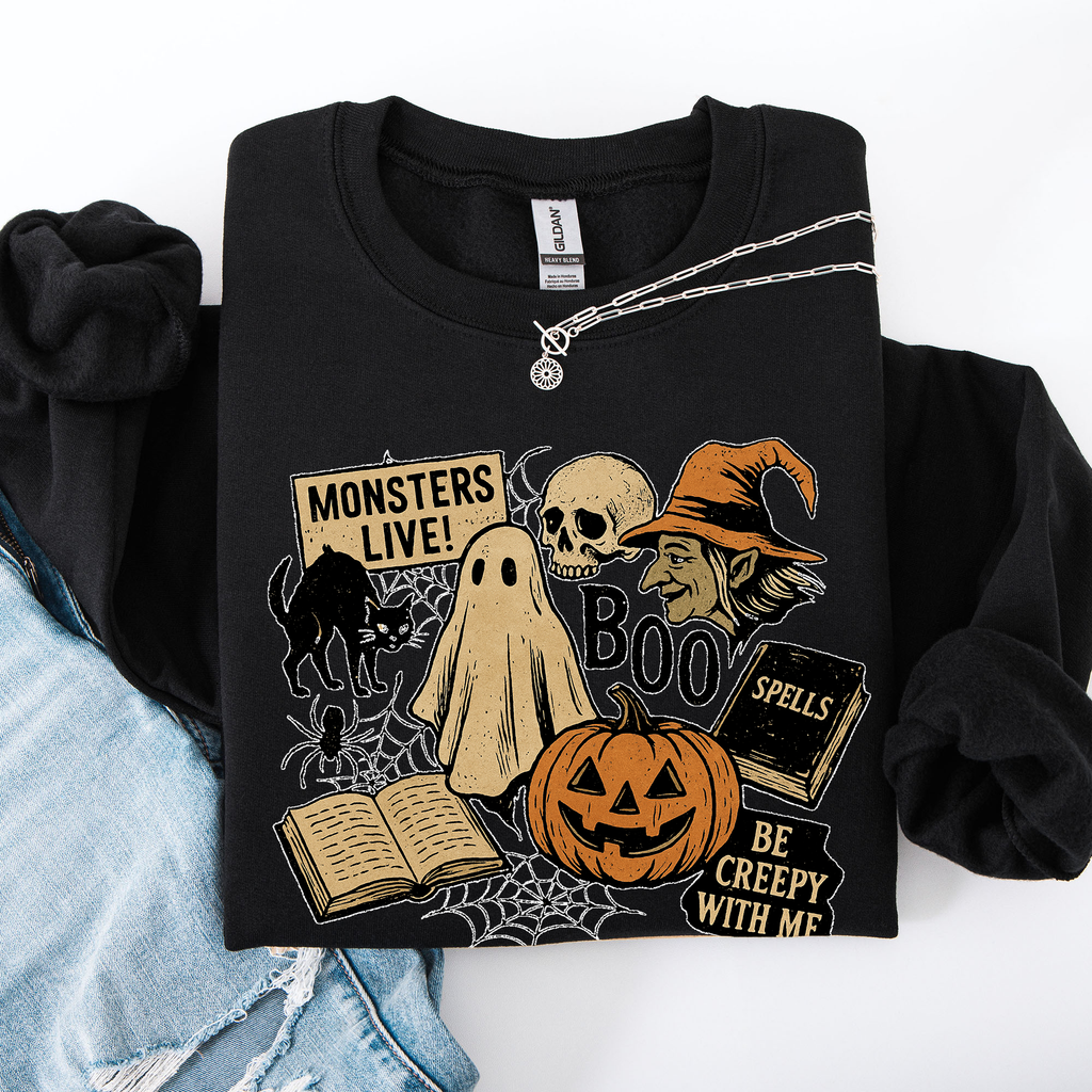 Retro Halloween Monsters Witch Creepy Vintage Nightfall Edition Classic Spooky Motifs And Nostalgic Sweatshirt