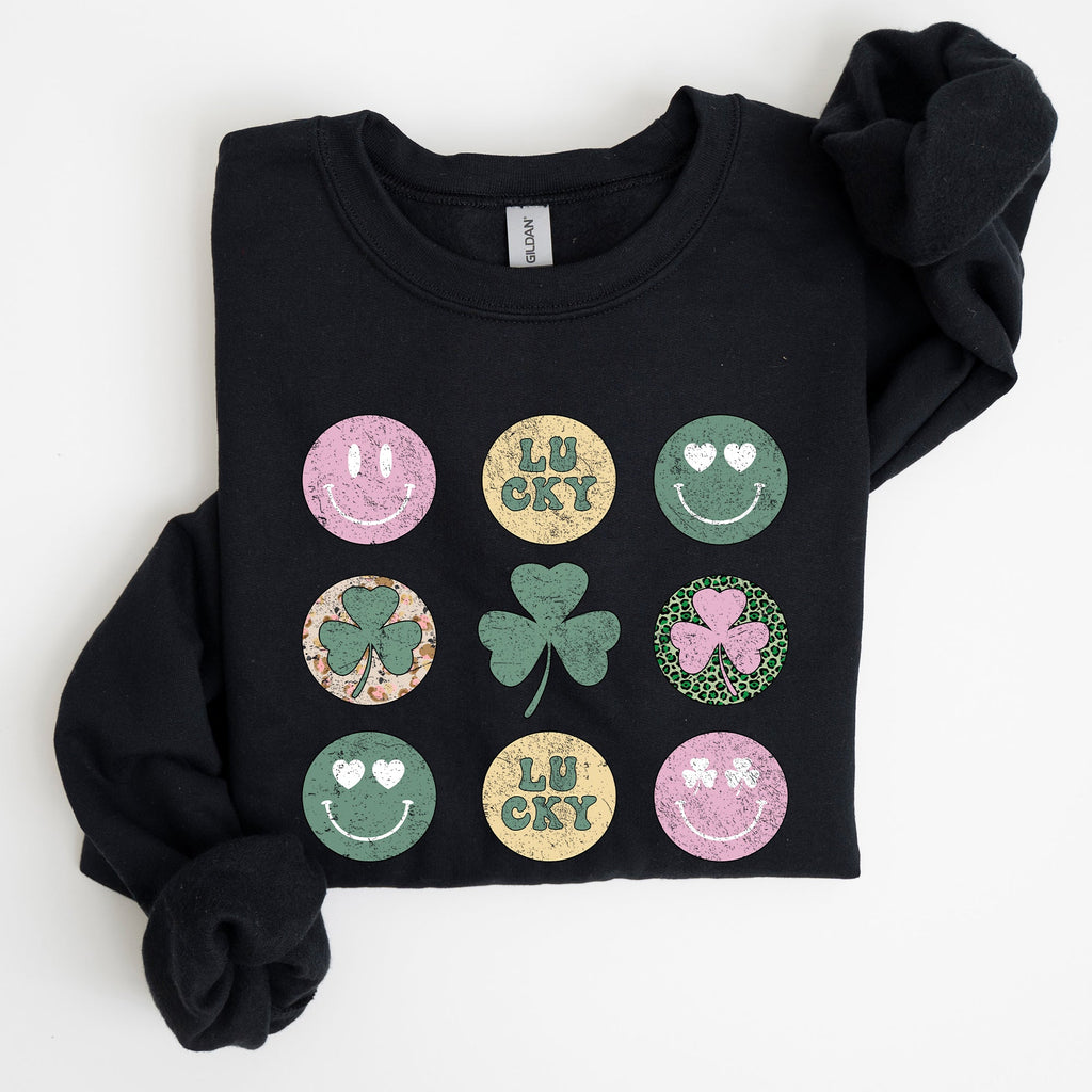 Retro Lucky Smileys St Patrick's Day Edition Festive Graphic Mood Celebration Sweatshirt