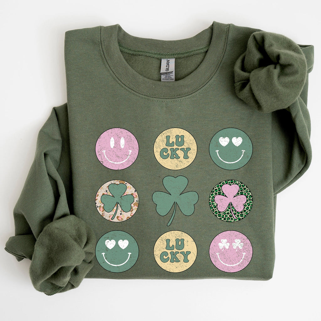 Retro Lucky Smileys St Patrick's Day Edition Festive Graphic Mood Celebration Sweatshirt
