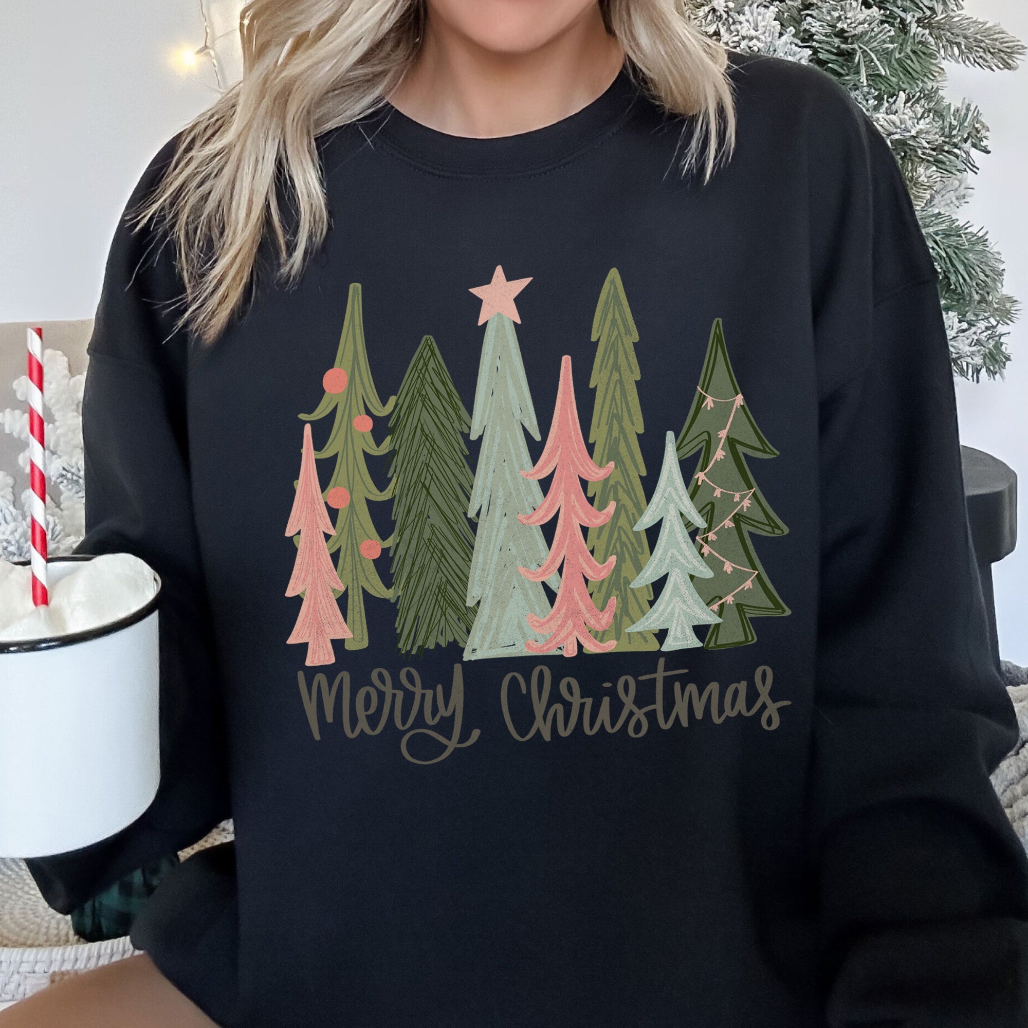 Retro Merry Christmas Trees Vintage Winter Holiday Charm Festive Cozy Graphic Sweatshirt