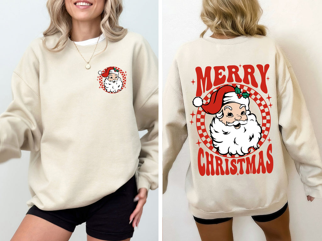 Retro Santa Checkered Front and Back Merry Christmas Winter Snow Xmas Sweatshirt