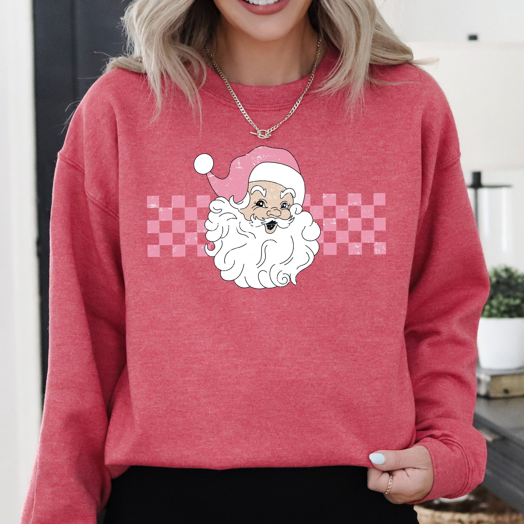 Retro Santa Checkered Pink Christmas Winter Snow Xmas Vintage Holiday Joyful Sweatshirt