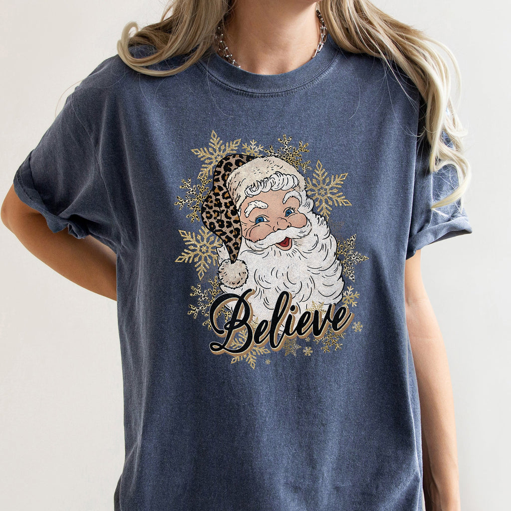 Retro Santa Believe Christmas Leopard Print Holiday Design Edition Comfort Colors Tee
