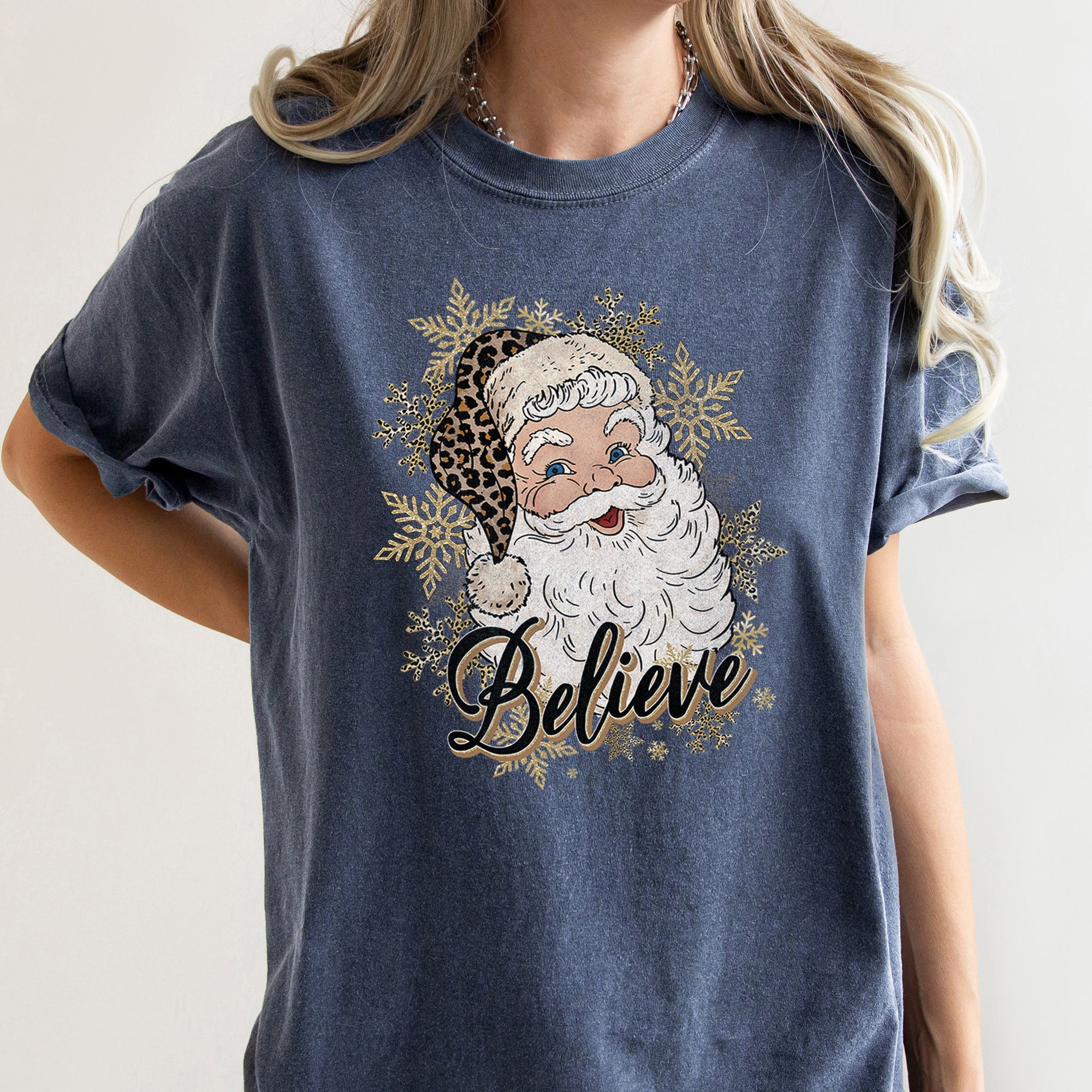 Retro Santa Believe Christmas Leopard Print Holiday Design Edition Comfort Colors Tee