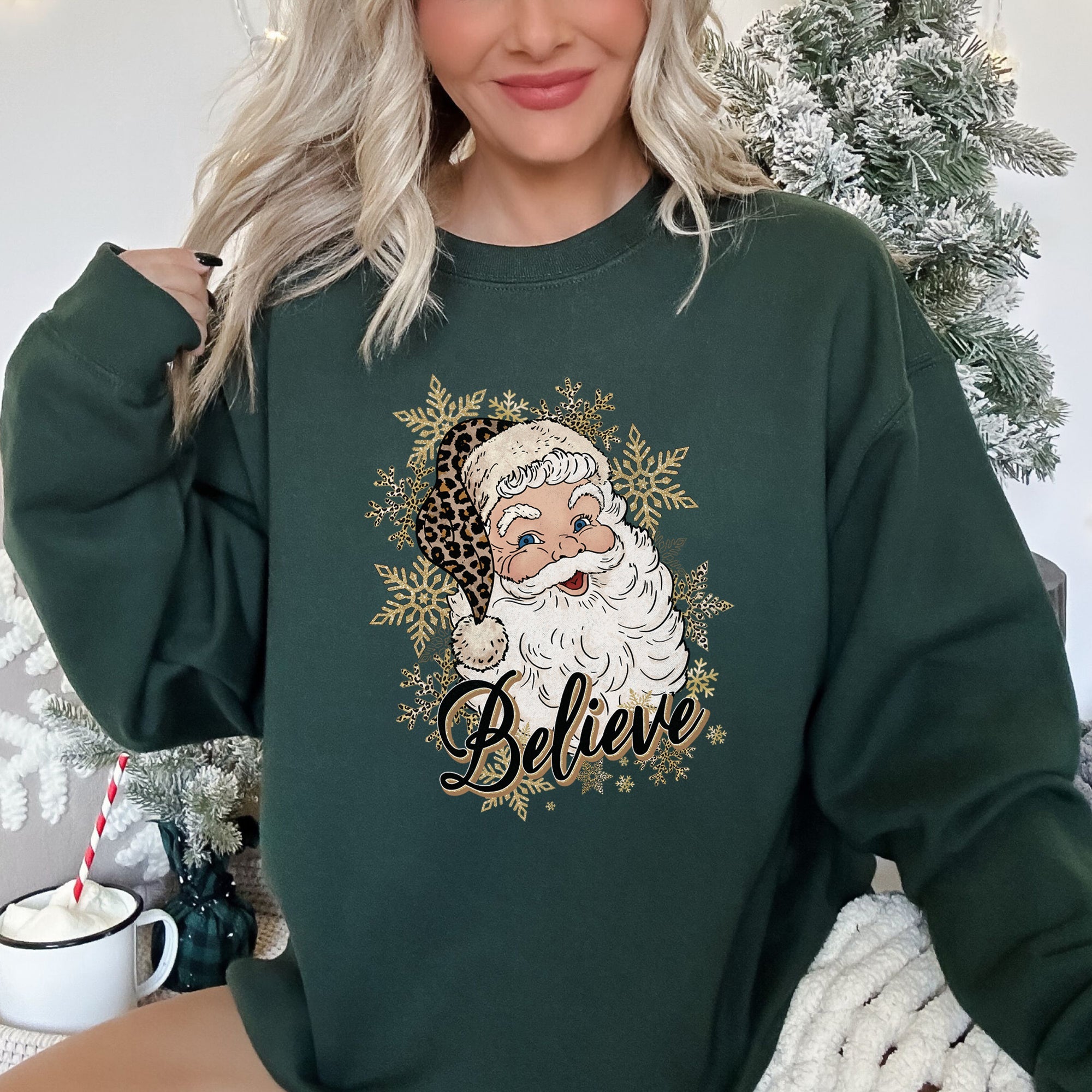 Retro Santa Believe Christmas Leopard Print Cozy Fleece Festive Classic Warm Holiday Sweatshirt