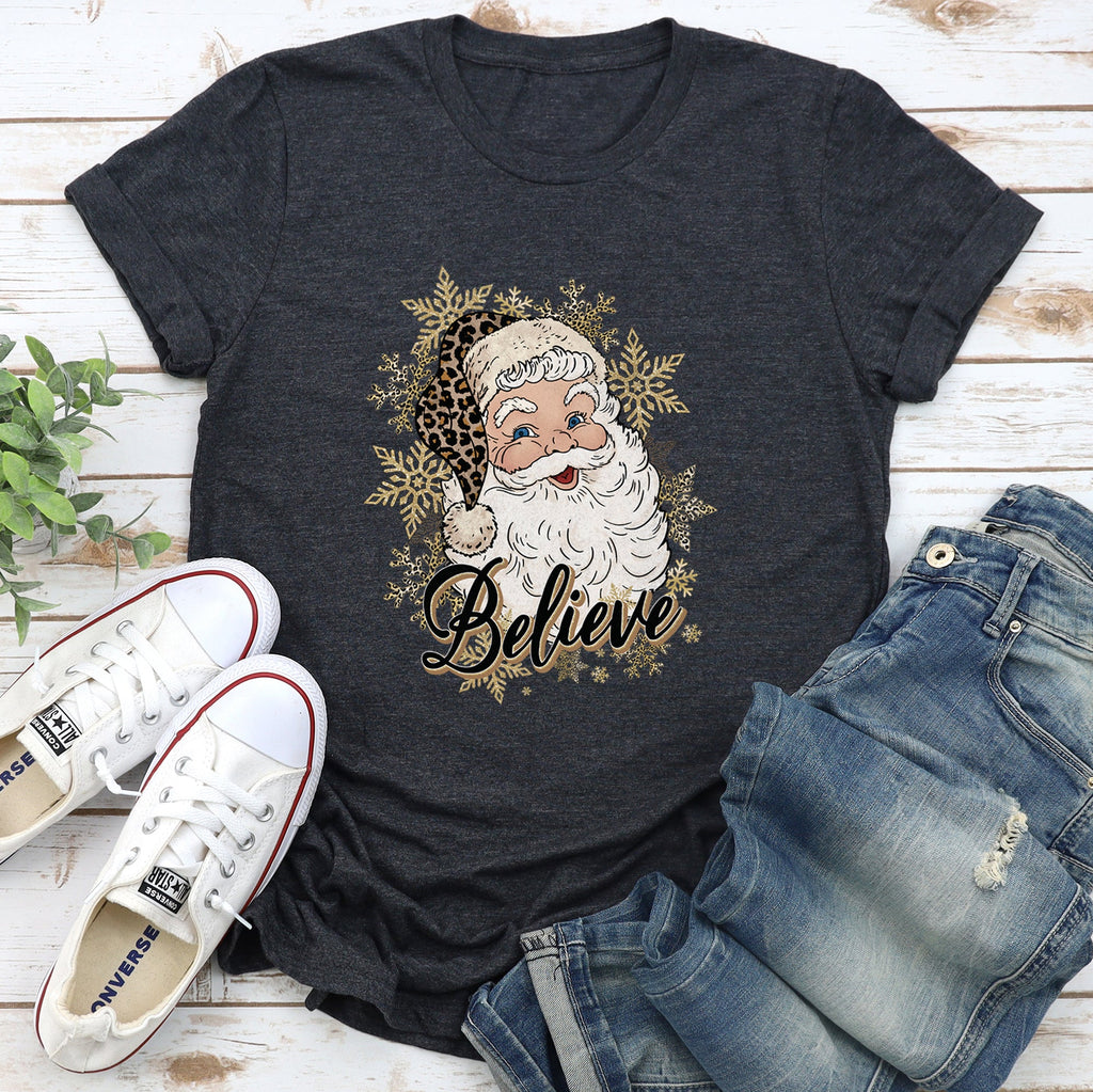 Retro Santa Believe Christmas Leopard Print Vintage Holiday Cozy Festive Graphic Tee