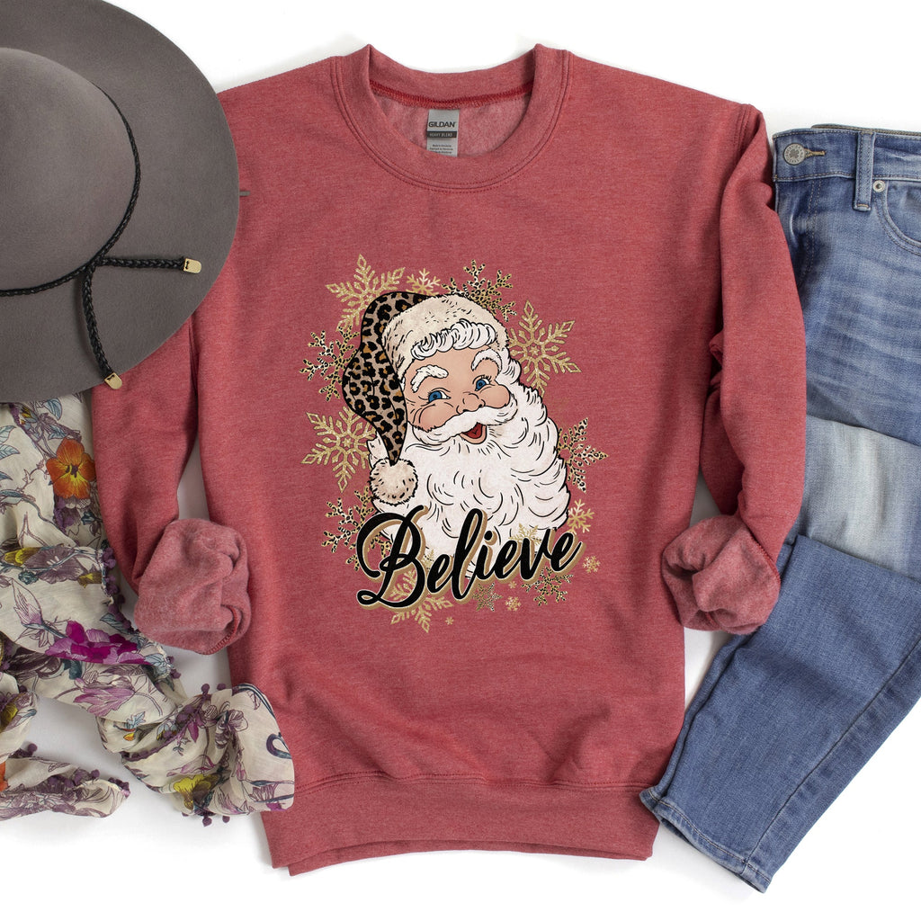Retro Santa Believe Christmas Leopard Print Cozy Fleece Festive Classic Warm Holiday Sweatshirt