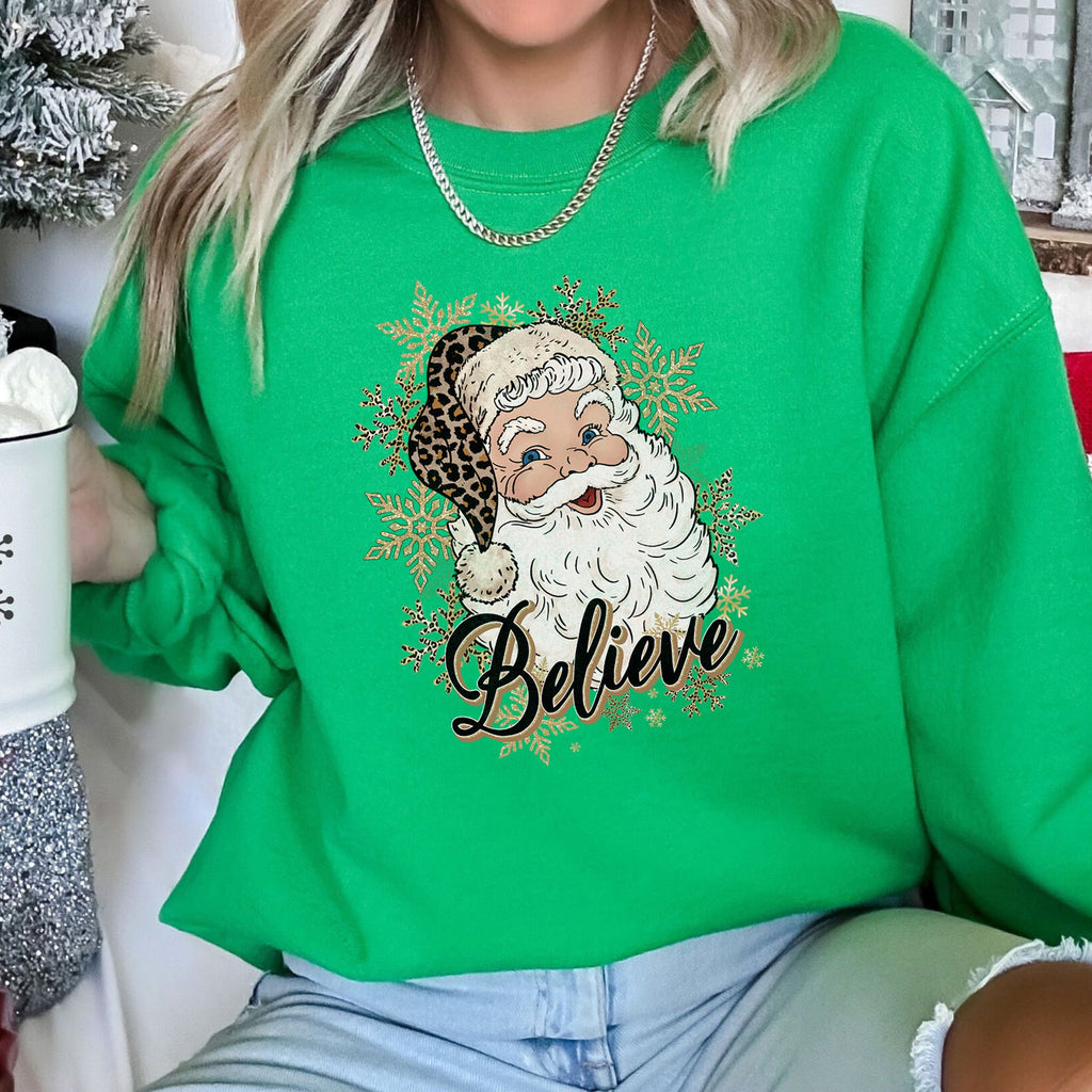 Retro Santa Believe Christmas Leopard Print Cozy Fleece Festive Classic Warm Holiday Sweatshirt