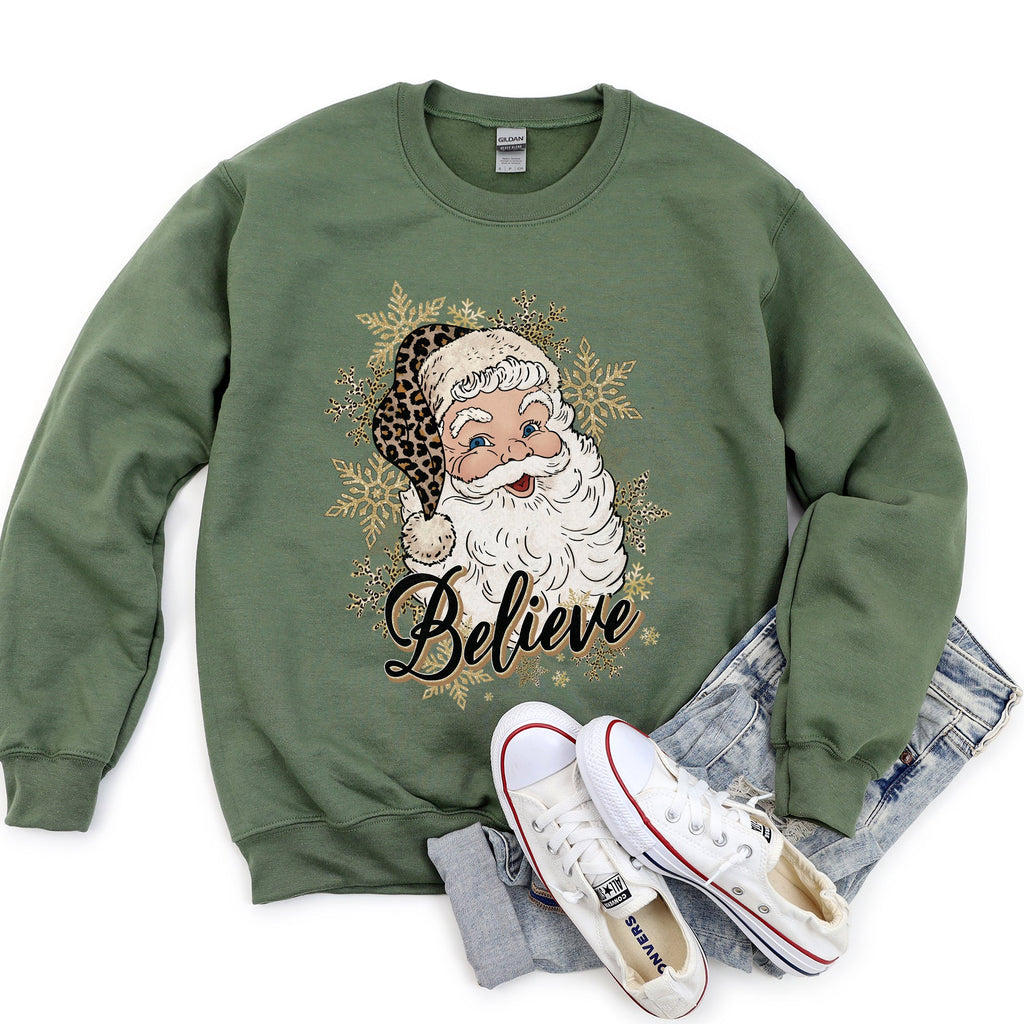 Retro Santa Believe Christmas Leopard Print Cozy Fleece Festive Classic Warm Holiday Sweatshirt