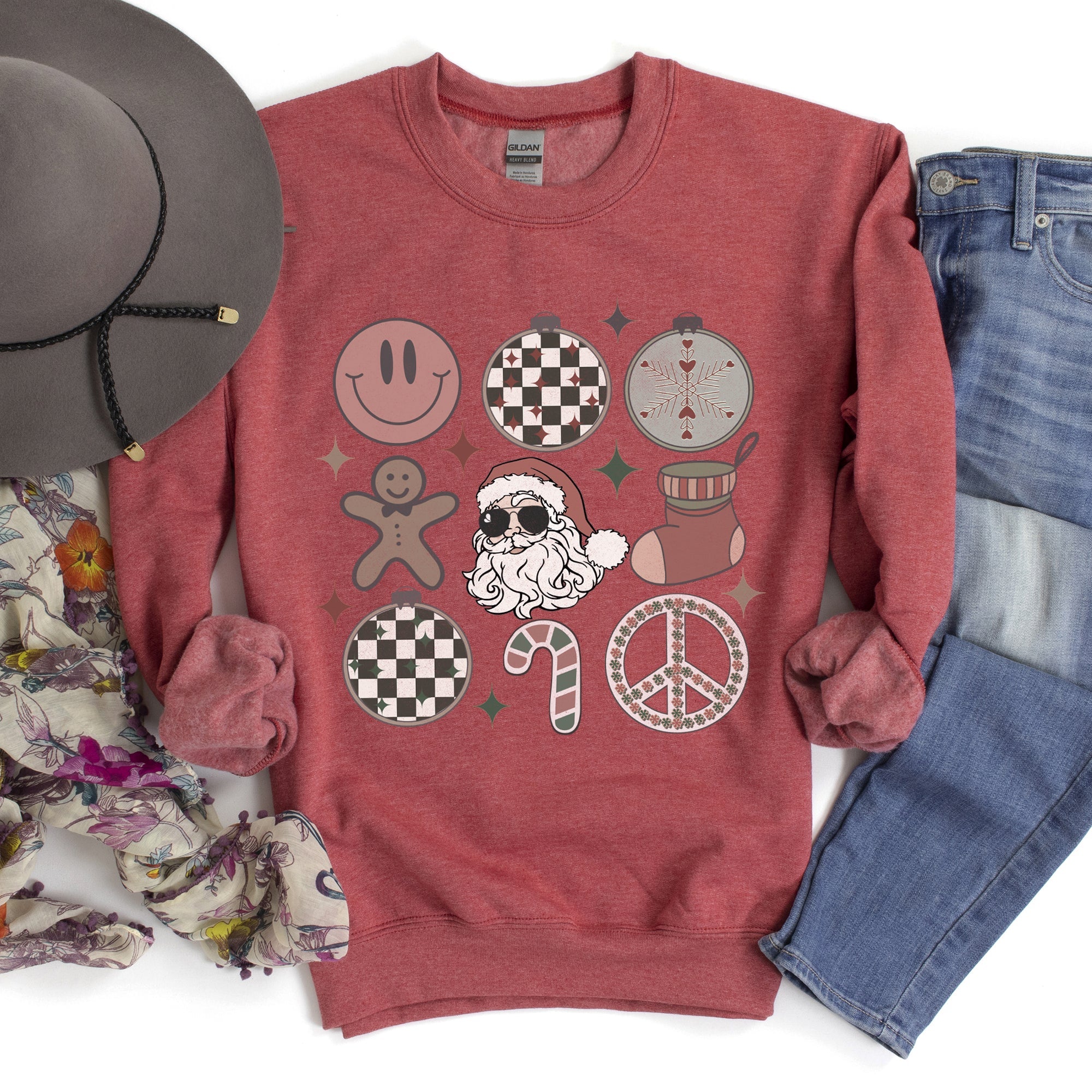 Retro Santa Christmas Peace Snowflake Cozy Fleece Winter Holiday Festive Sweatshirt