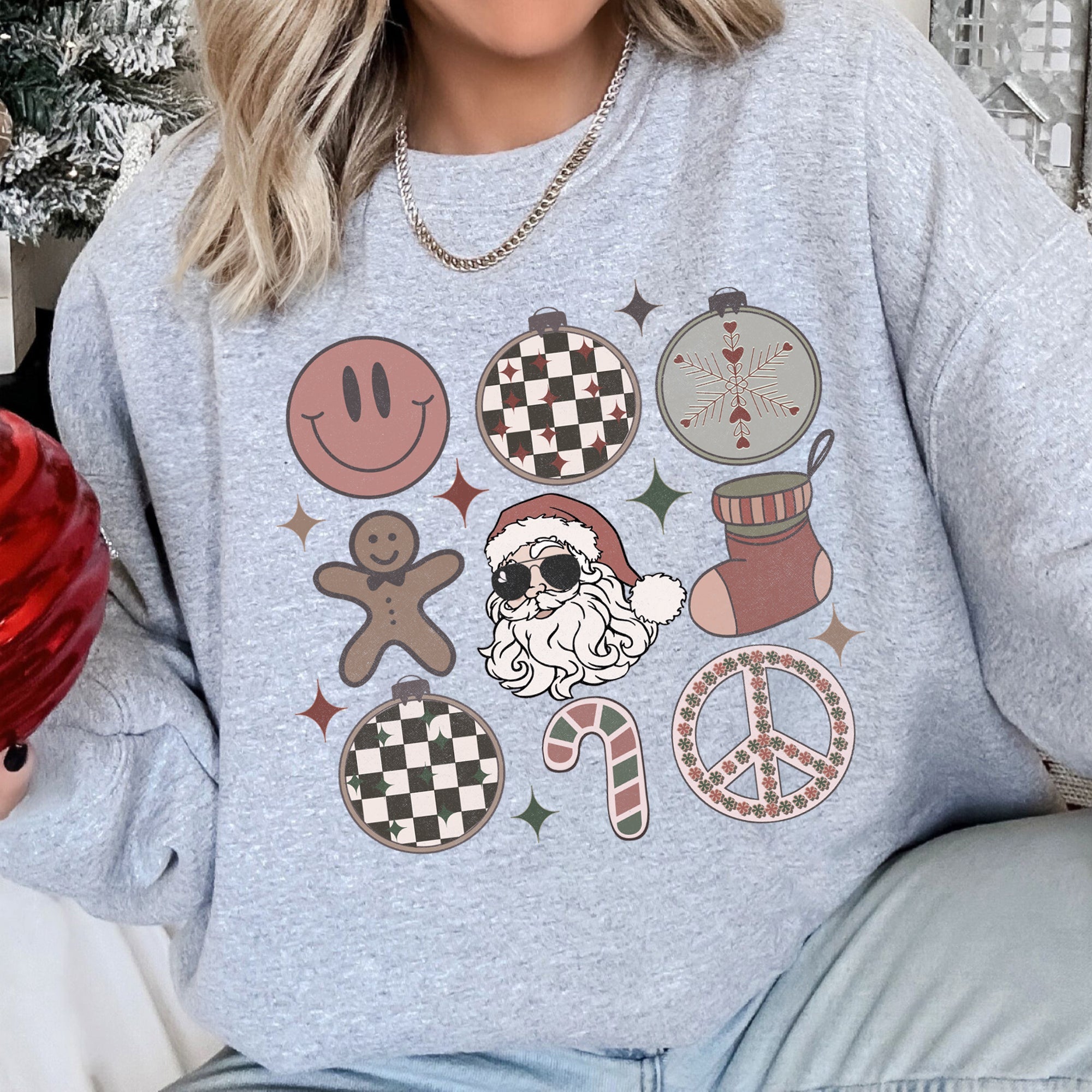 Retro Santa Christmas Peace Snowflake Cozy Fleece Winter Holiday Festive Sweatshirt