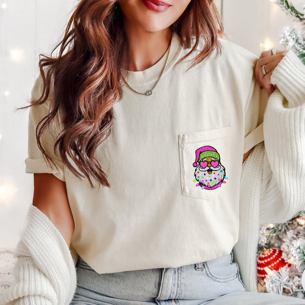 Retro Santa Faux Glitter Christmas Pocket Art Print Design Series Comfort Colors Tee