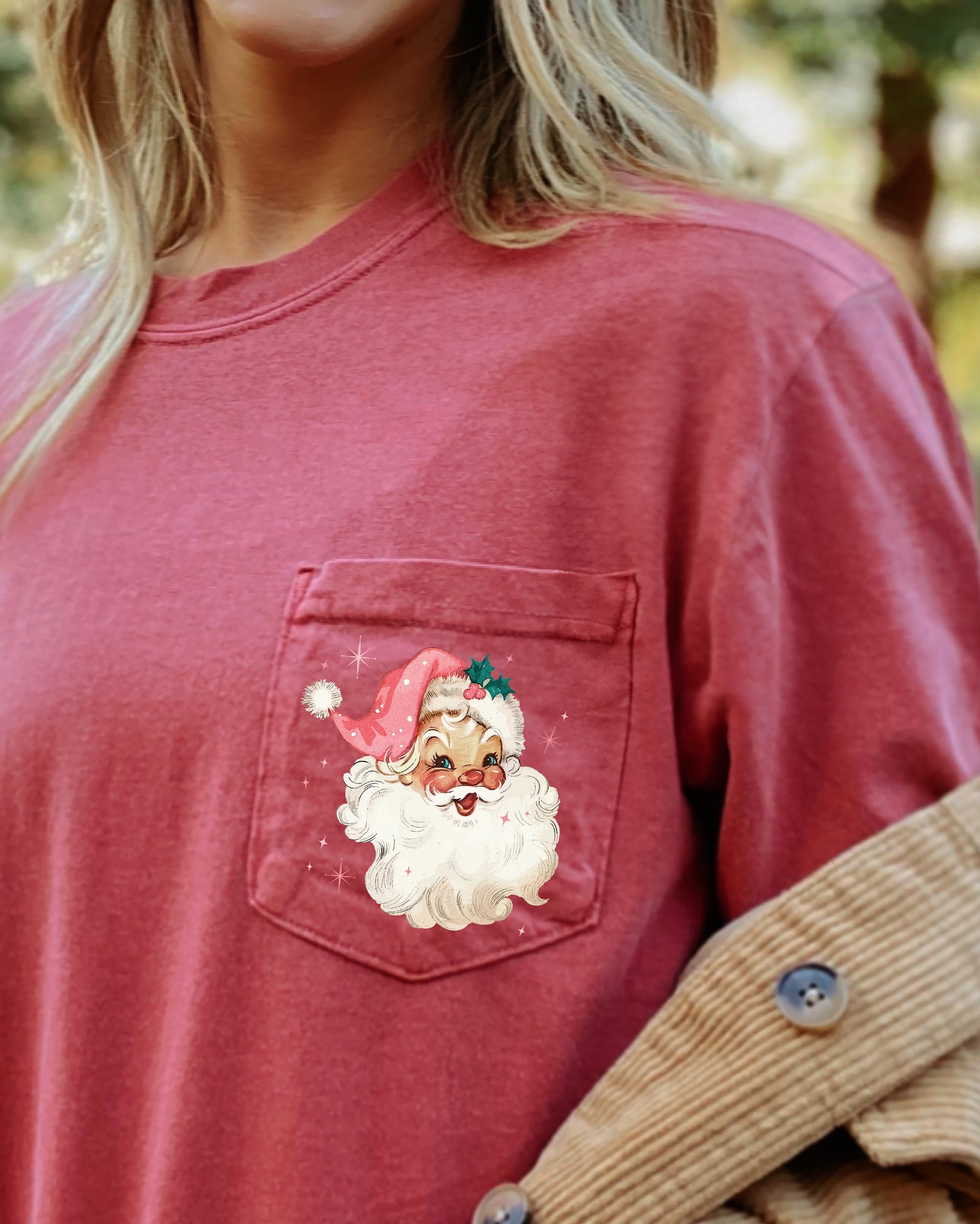 Retro Santa Sparkles Pocket Christmas Snow Xmas Holiday Cheer Comfort Colors Tee