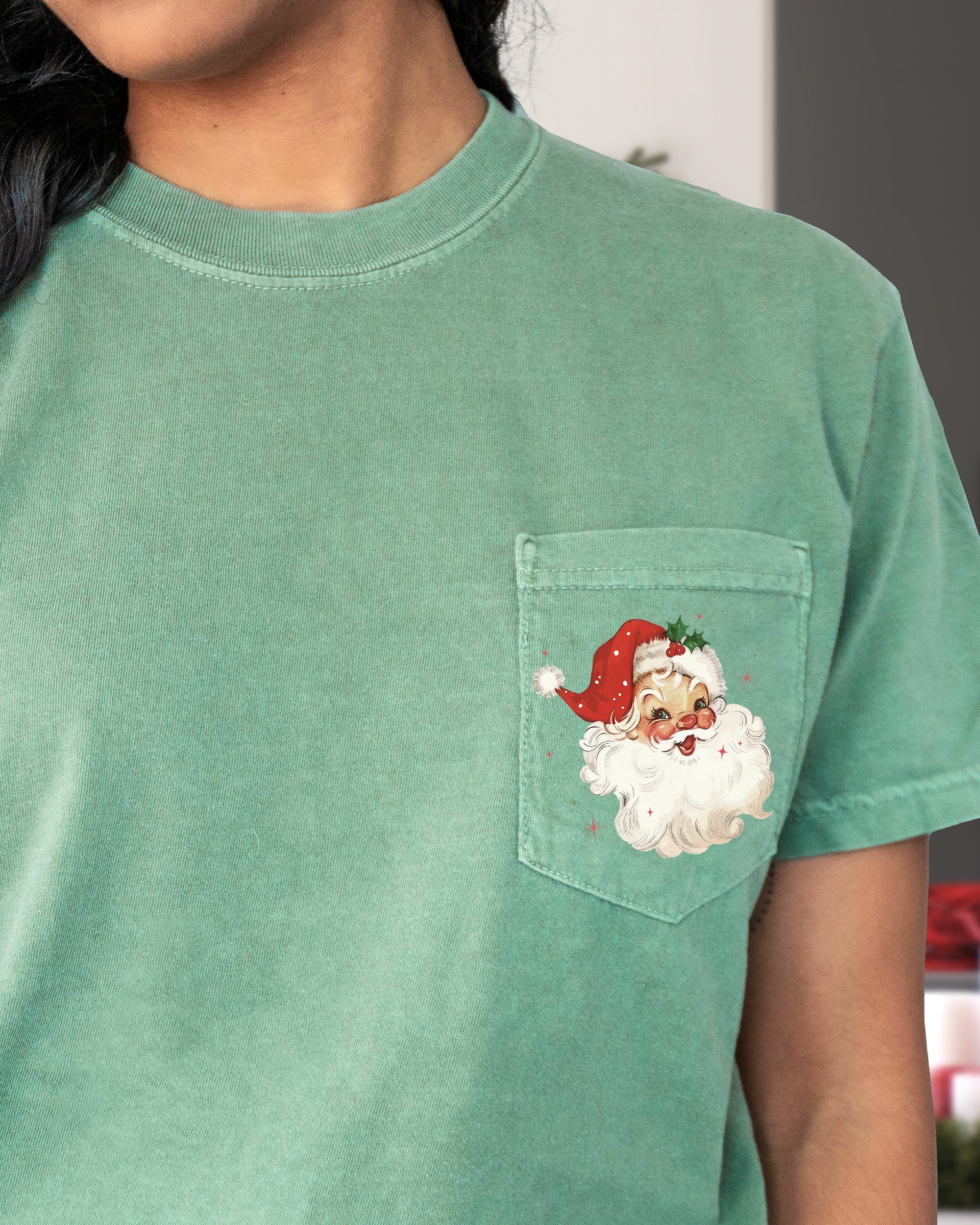 Retro Santa Sparkles Pocket Red Hat Christmas Winter Snow Xmas Comfort Colors Tee