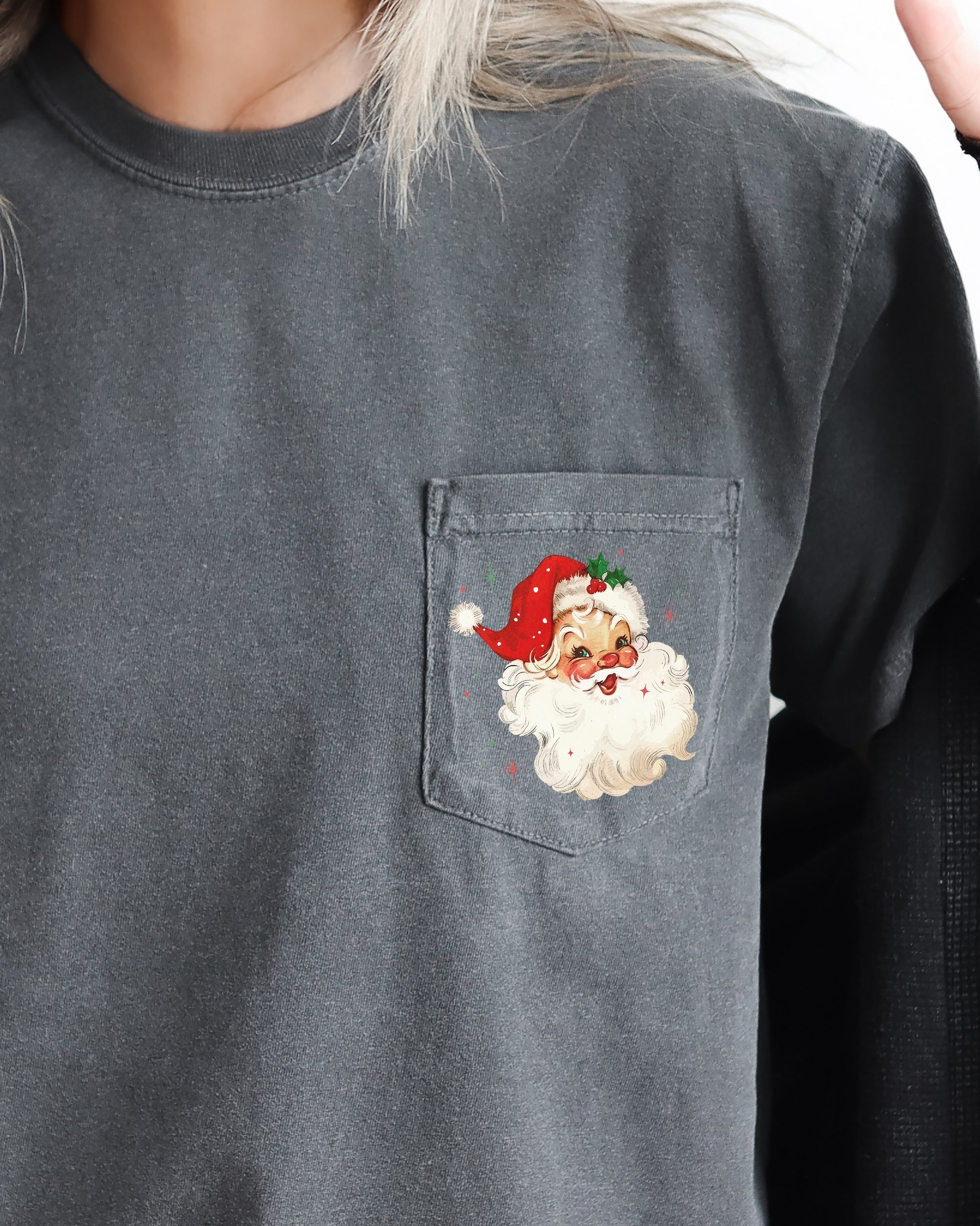Retro Santa Sparkles Pocket Red Hat Christmas Winter Snow Xmas Comfort Colors Tee