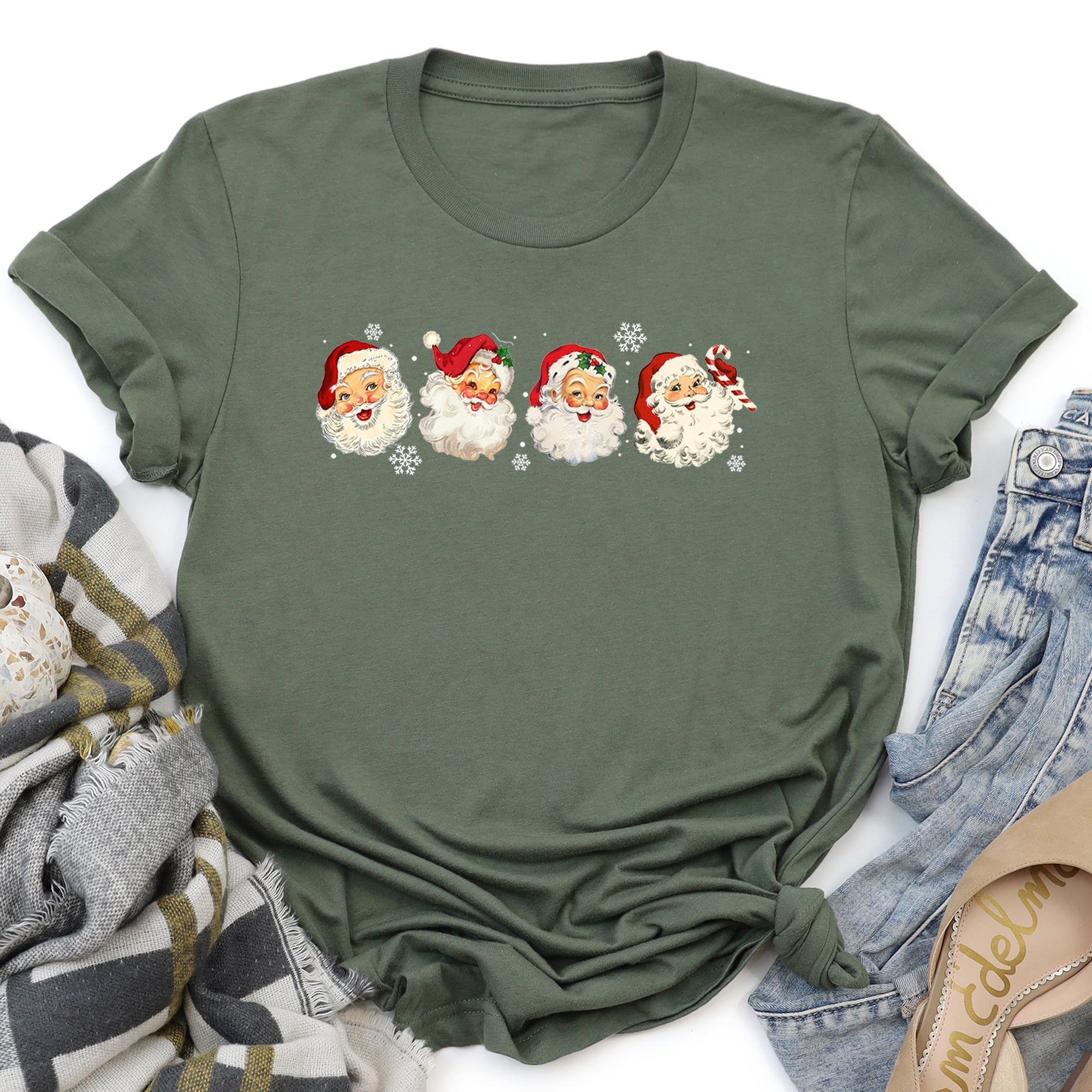 Retro Santas With Snowflakes Christmas Holiday Edition Santa Claus Nostalgia Artwork Graphic Tee