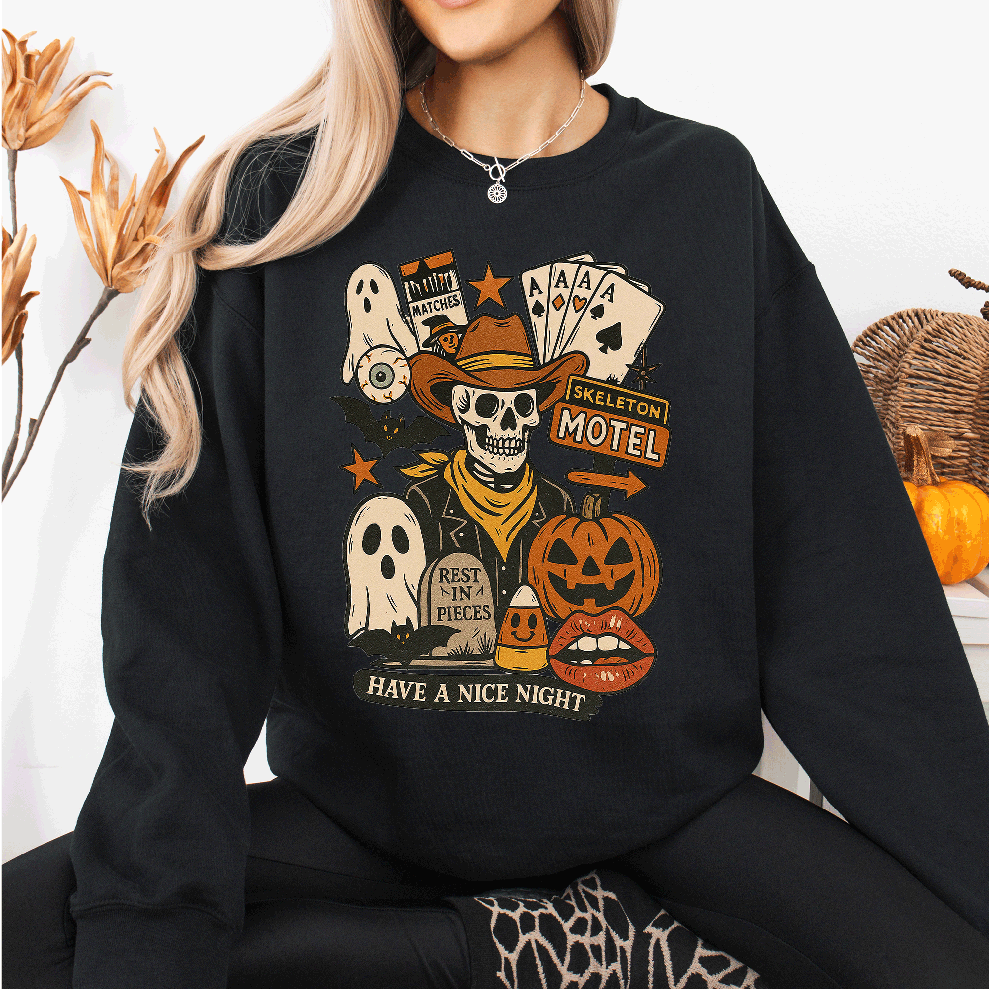 Retro Skeleton Motel Vintage Halloween Nostalgia Graphic Design Collective Edition Sweatshirt