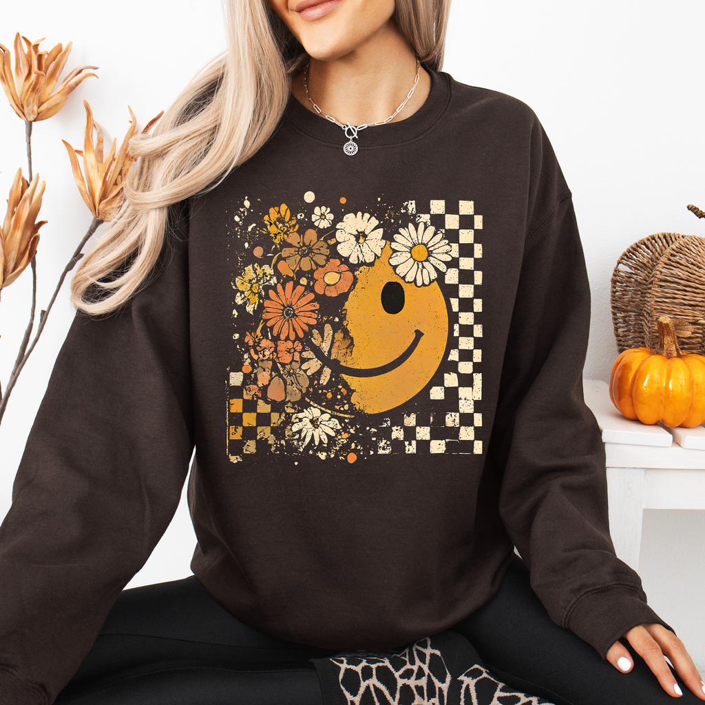 Retro Smiley Halloween Floral Autumn Garden Flowers Vintage-Inspired Pattern Cozy Knit Sweatshirt