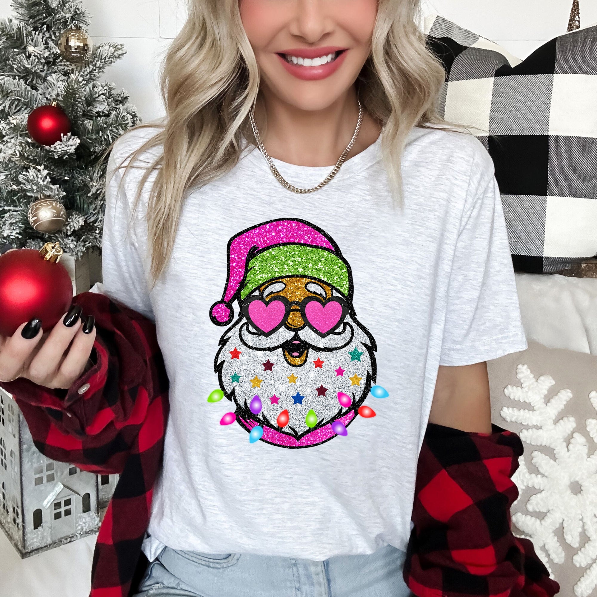 Retro Sparkly Santa Glitter Effect Christmas Holiday Cheer Collection Graphic Tee
