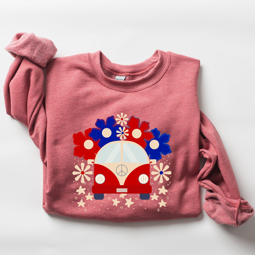 Retro Van Patriotic 4th Of July Americana Road Trip Scene With Stars Stripes And Vintage Van Illustration Sweatshirt