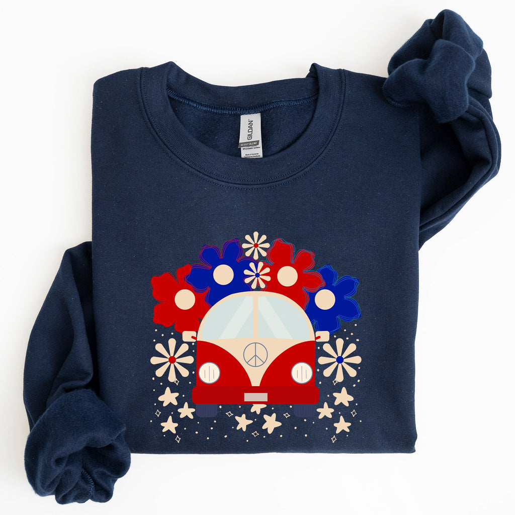 Retro Van Patriotic 4th Of July Americana Road Trip Scene With Stars Stripes And Vintage Van Illustration Sweatshirt