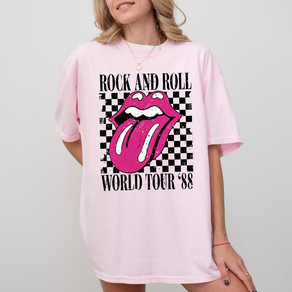 Rock And Roll World Tour Lips And Tongue Checkered 80s Rock Retro Classic Rock Comfort Colors Tee
