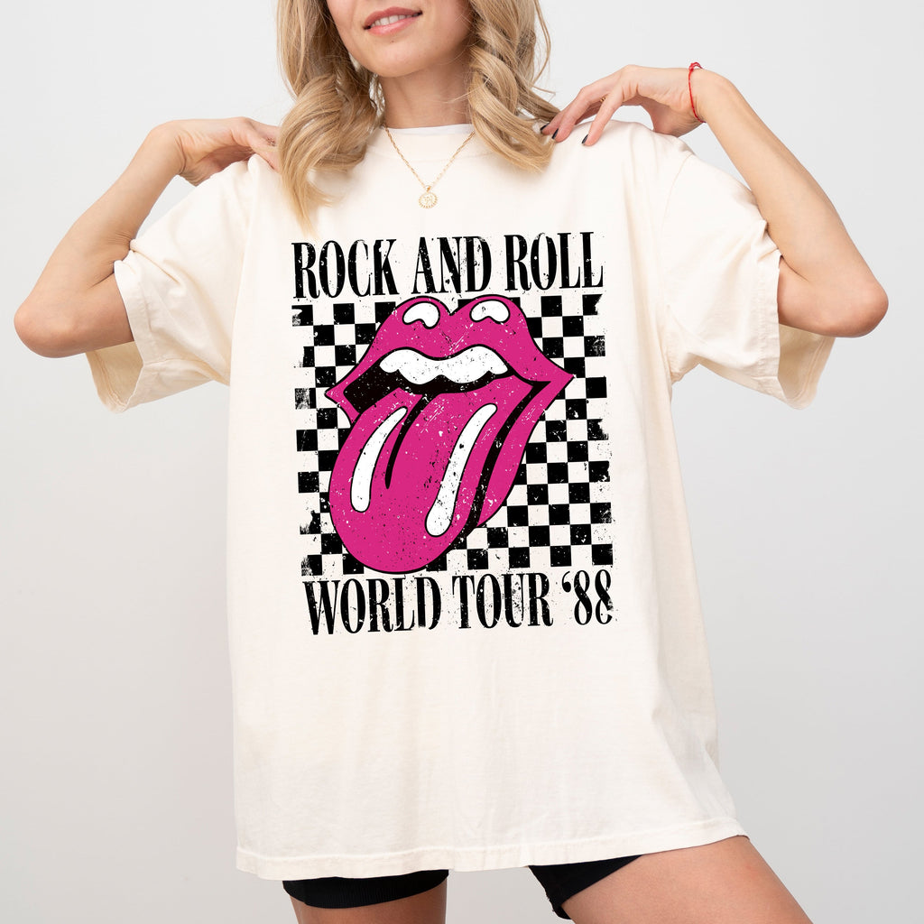 Rock And Roll World Tour Lips And Tongue Checkered 80s Rock Retro Classic Rock Comfort Colors Tee