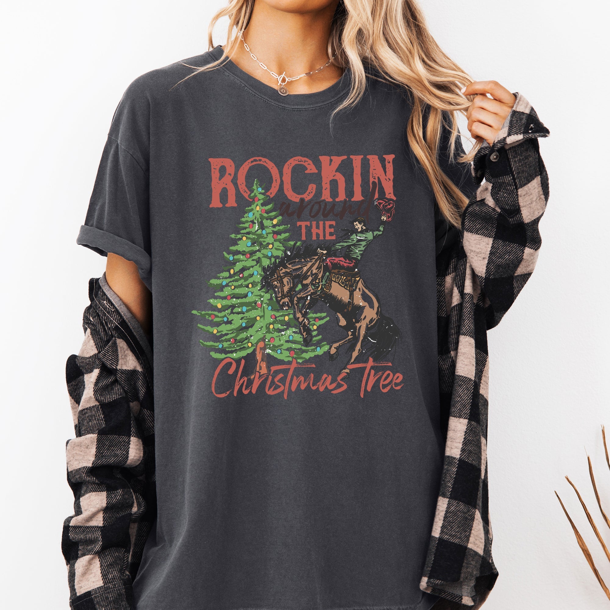 Rockin Around The Christmas Tree Cowboy Country Western Santa Xmas Comfort Colors Tee