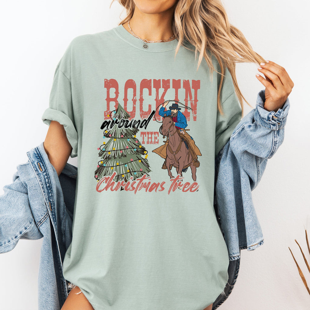 Rockin Around The Christmas Tree Cowboy Lasso Country Western Santa Xmas Comfort Colors Tee