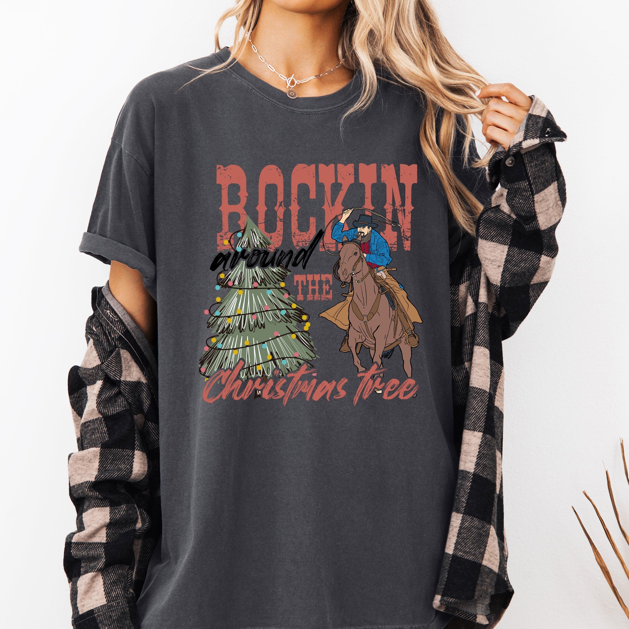 Rockin Around The Christmas Tree Cowboy Lasso Country Western Santa Xmas Comfort Colors Tee