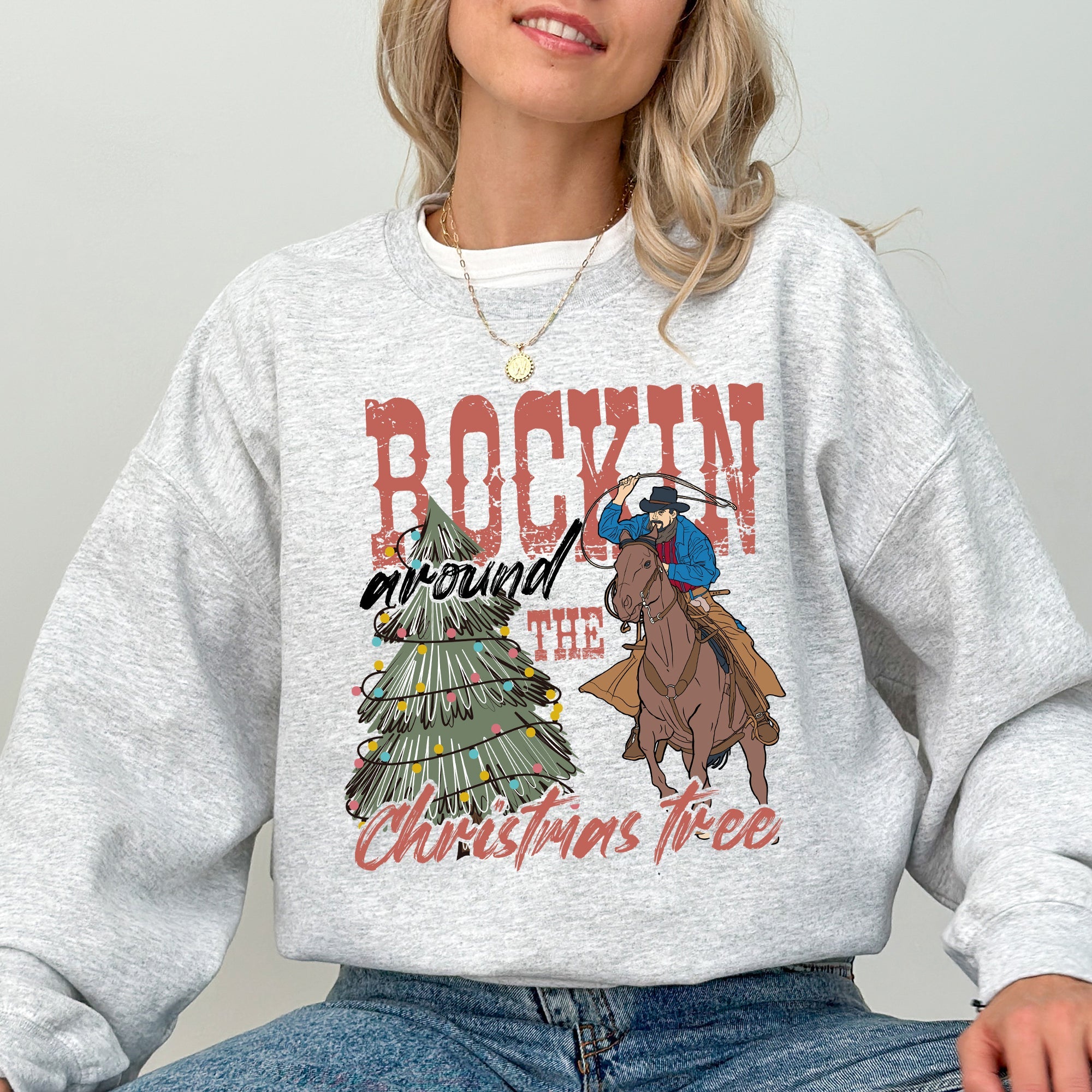 Rockin Around The Christmas Tree Cowboy Lasso Santa Western Xmas Graphic Sweatshirt
